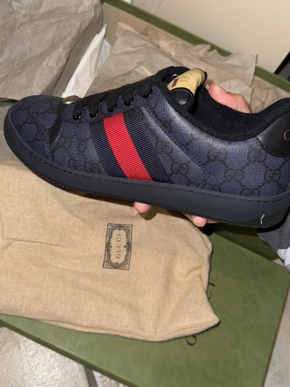 Gucci Men's Navy & Red Web Stripe Slip-On Sneaker - Picture 2 of 4